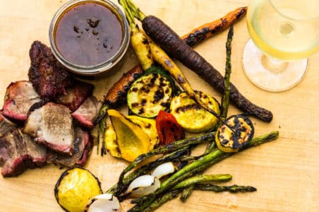 smoked-pork-grilled-veggies-rhubarb-chutney-recipe